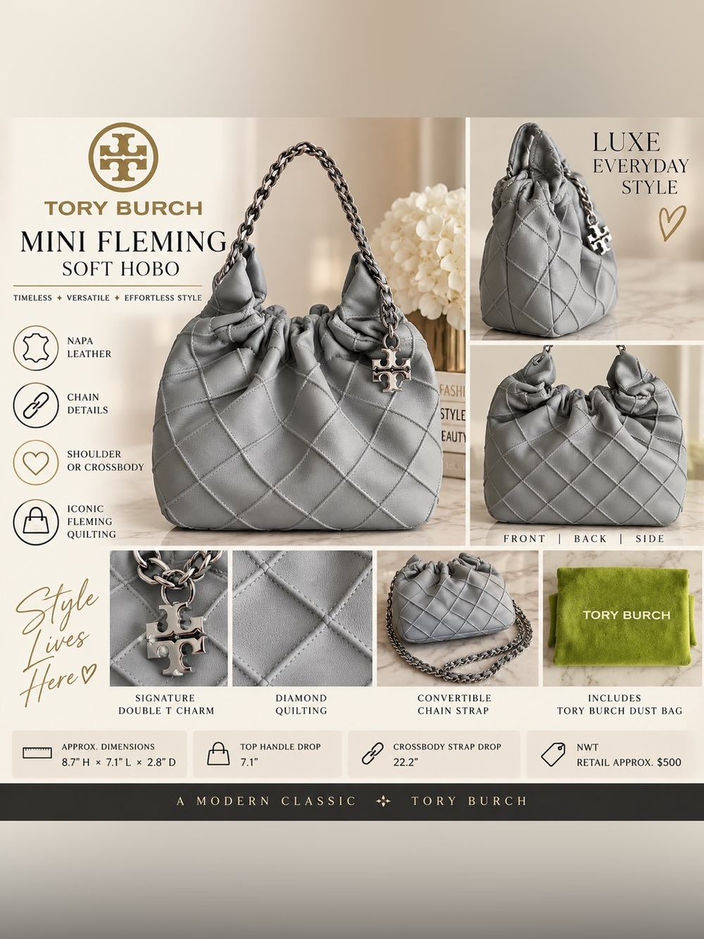 π©Ά NWT Tory Burch Mini Fleming Soft Hobo Gray | Leather Crossbody | Dust Bag β¨ - Picture 10 of 10